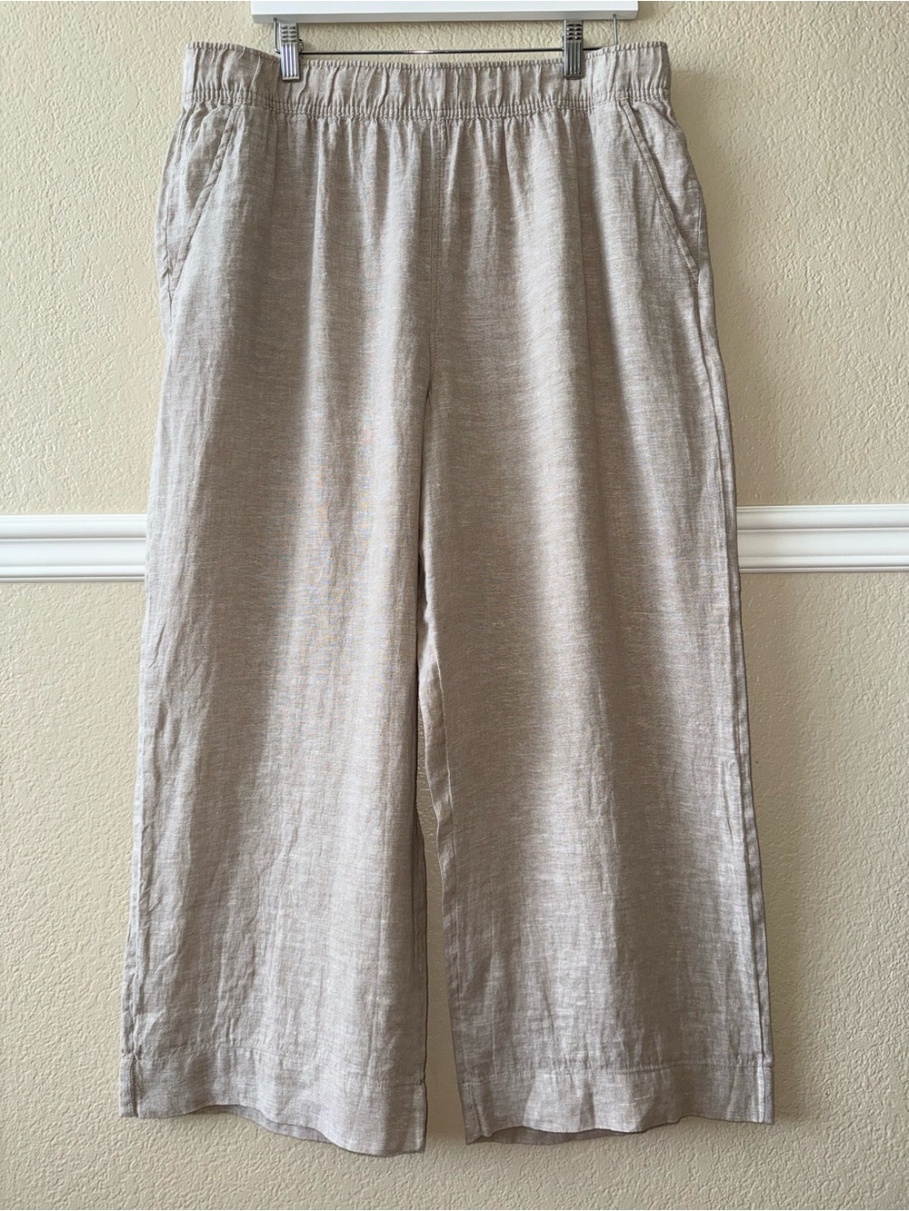 LIKE NEW 100% Linen Wide Leg Cropped Pants Elastic Waist Cream Oatmeal XL